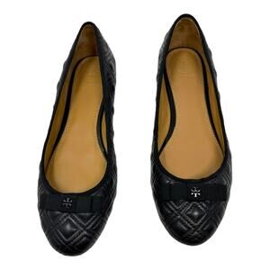 Tory Burch Black Quilted Leather Ballet Flats Bow Logo Size 7M